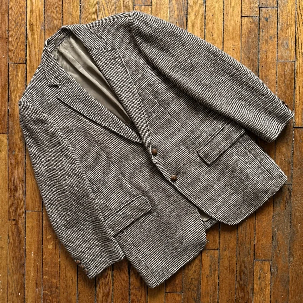 Vtg Harris Tweed Blazer Sport Coat Jacket Ivy Hunting Country Beige Brown L‎ 44